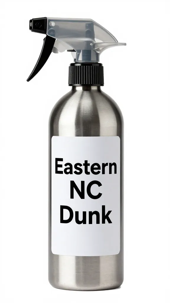 stainless spray bottle labeled “Eastern NC Dunk,” isolated