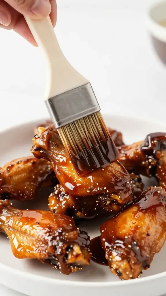 basting brush mopping wing with root beer sage glaze