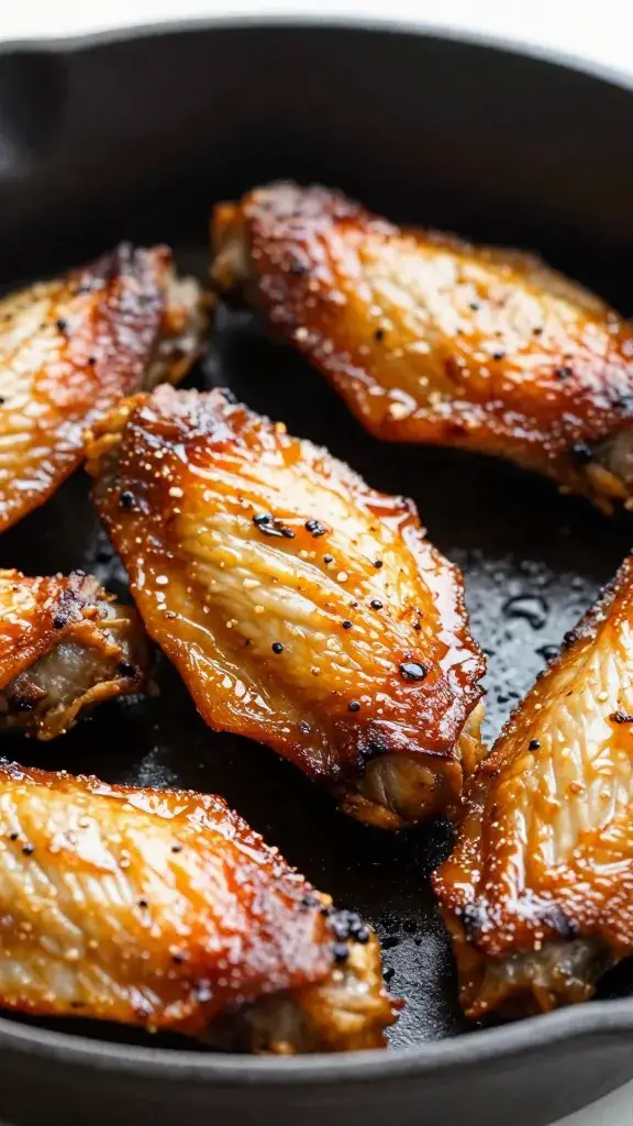 cast-iron skillet wing, caramelized edges, closeup