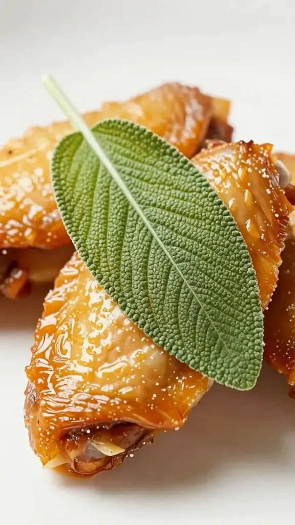 fresh sage leaf resting on lacquered chicken wing