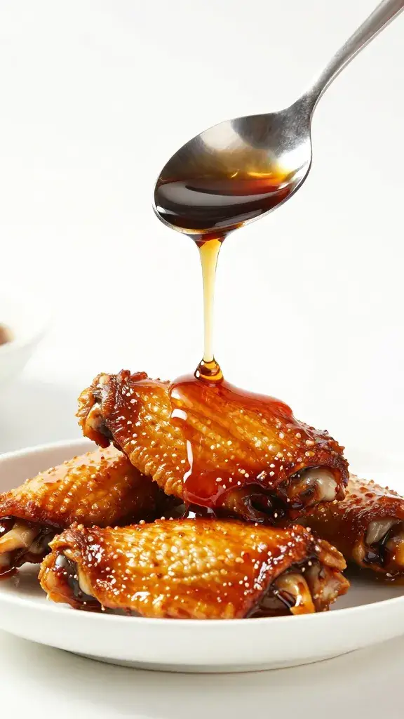 spoon pouring syrupy root beer glaze over wing