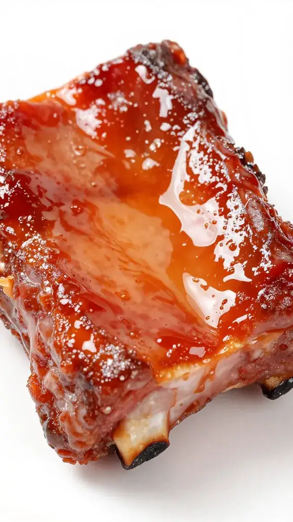 closeup of cherry cola glazed pork rib, glossy bark