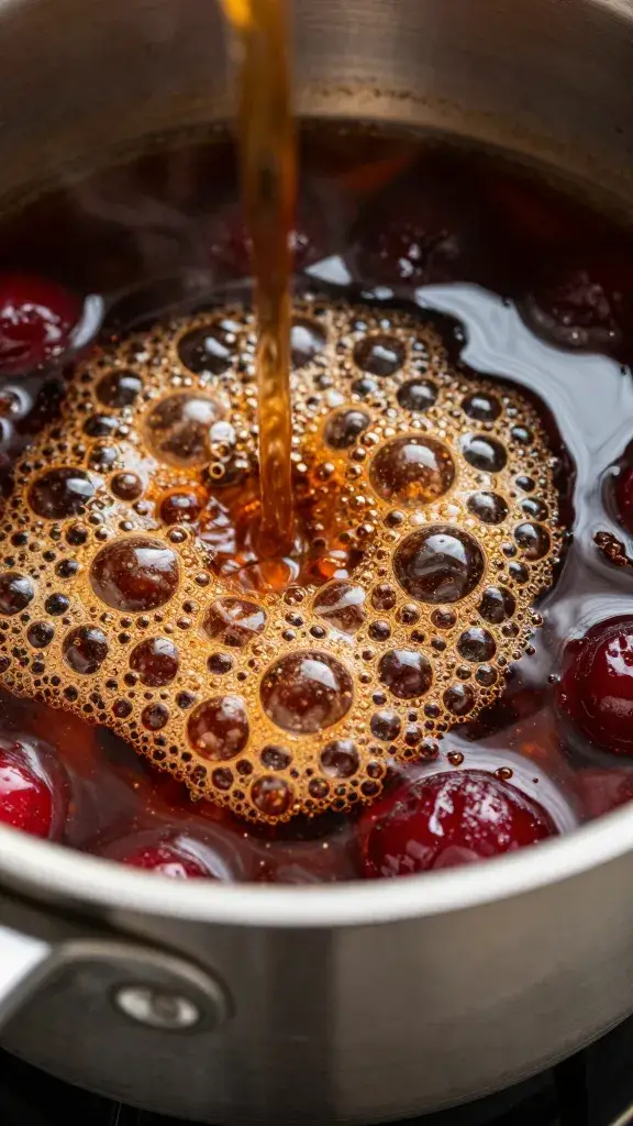 stainless saucepan of bubbling cherry-cola reduction, macro