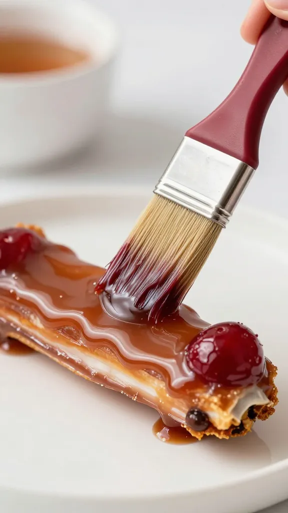 pastry brush painting cherry-cola glaze on one rib