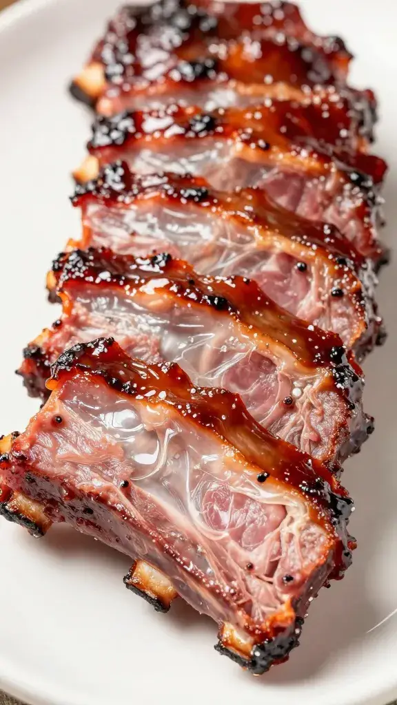 sliced rib end showing smoke ring and sticky glaze