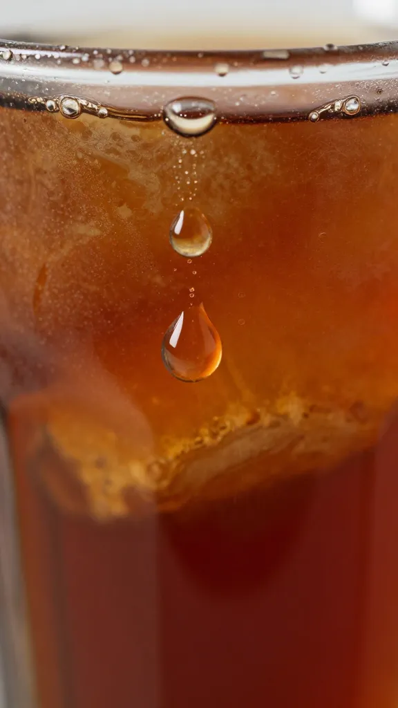 vinegar droplet beading on cherry-cola glaze, macro