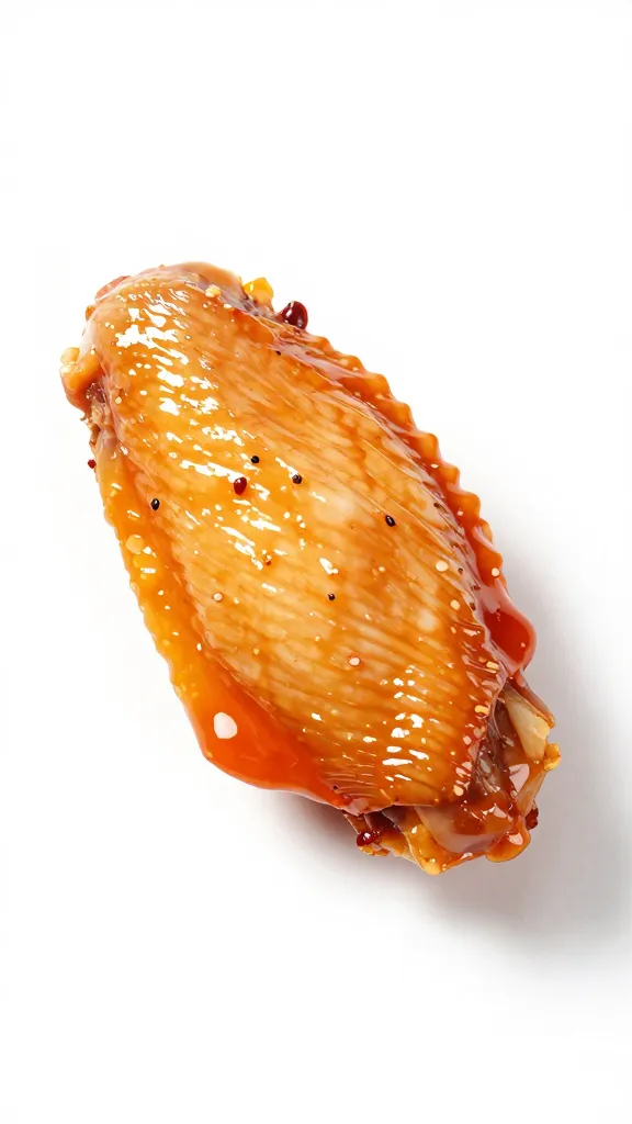 Single chicken wing lacquered in peach chipotle glaze