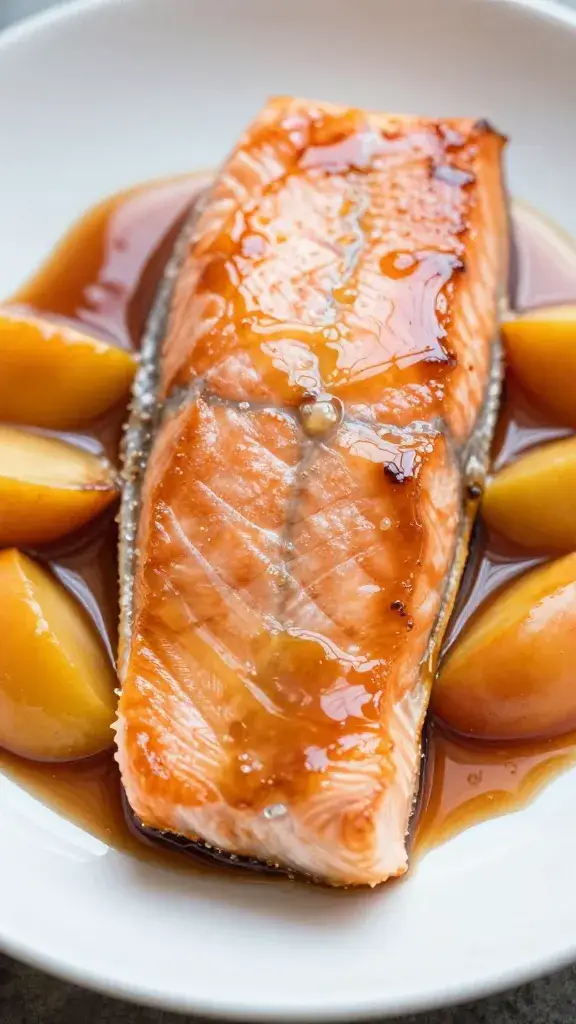 Salmon fillet brushed with glossy bourbon peach glaze
