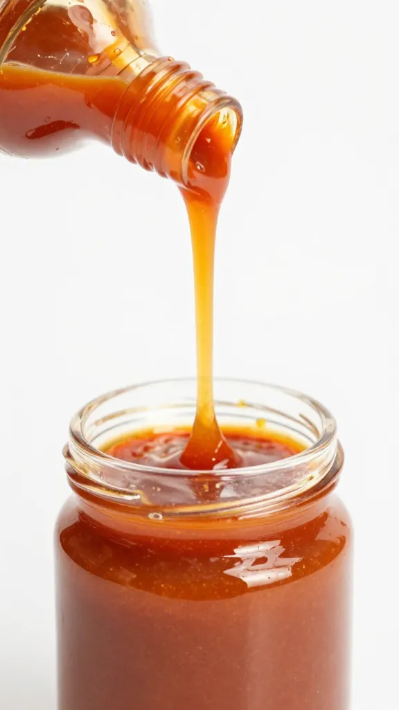 Saucepot pour spout dripping peach chipotle glaze