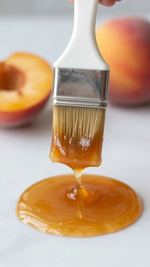 Basting brush loaded with sticky bourbon peach glaze
