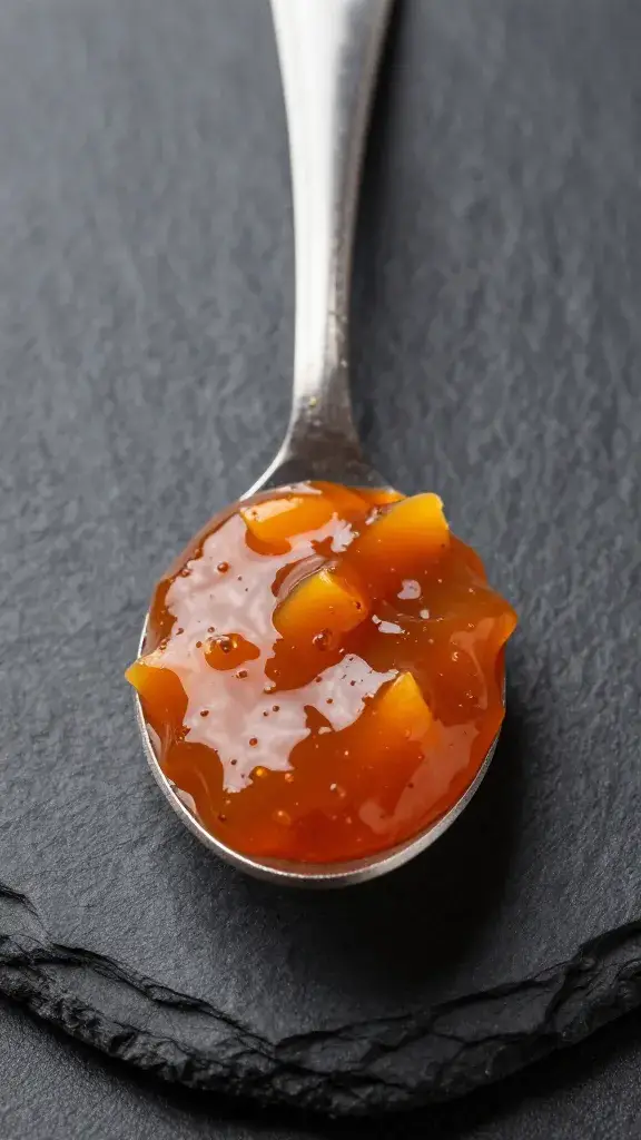 Spoonful of peach chipotle glaze against black slate