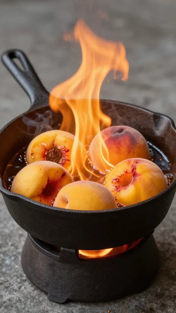 Cast-iron ladle filled with simmering peach chipotle