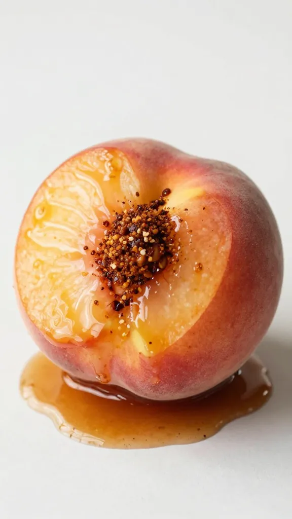 Single peach half brushed with bourbon chipotle glaze