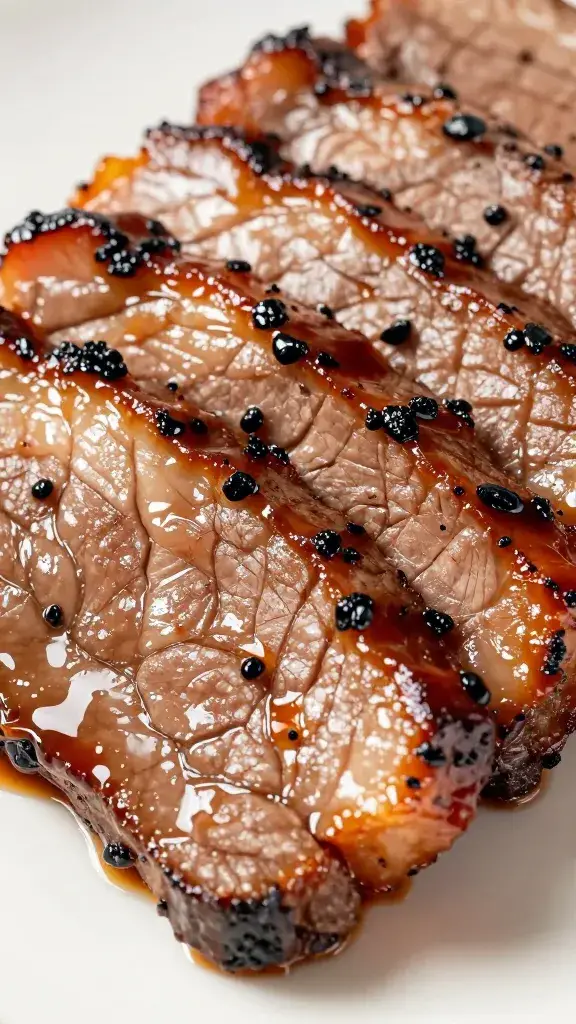 Glossy brisket slice with black garlic soy glaze, closeup