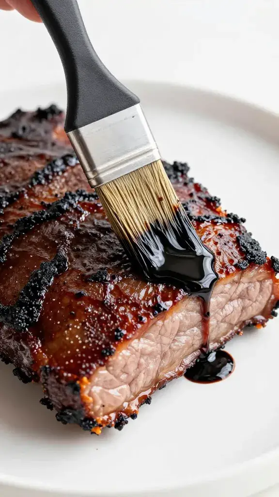 Sauce brush glazing brisket edge with black garlic reduction