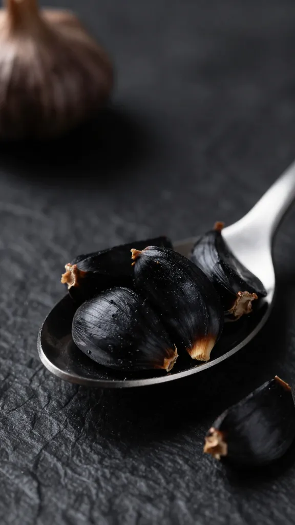 Black garlic cloves on spoon, dark moody closeup