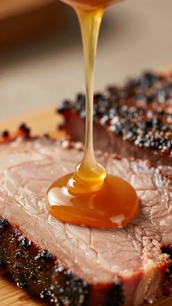 Dripping soy reduction on brisket bark, macro shot