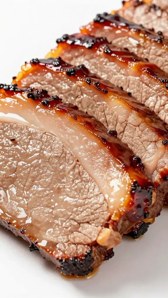 Sliced brisket end piece, shiny umami glaze, closeup
