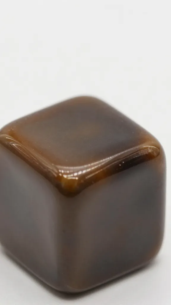 Single burnt-end cube, lacquered glaze, extreme closeup