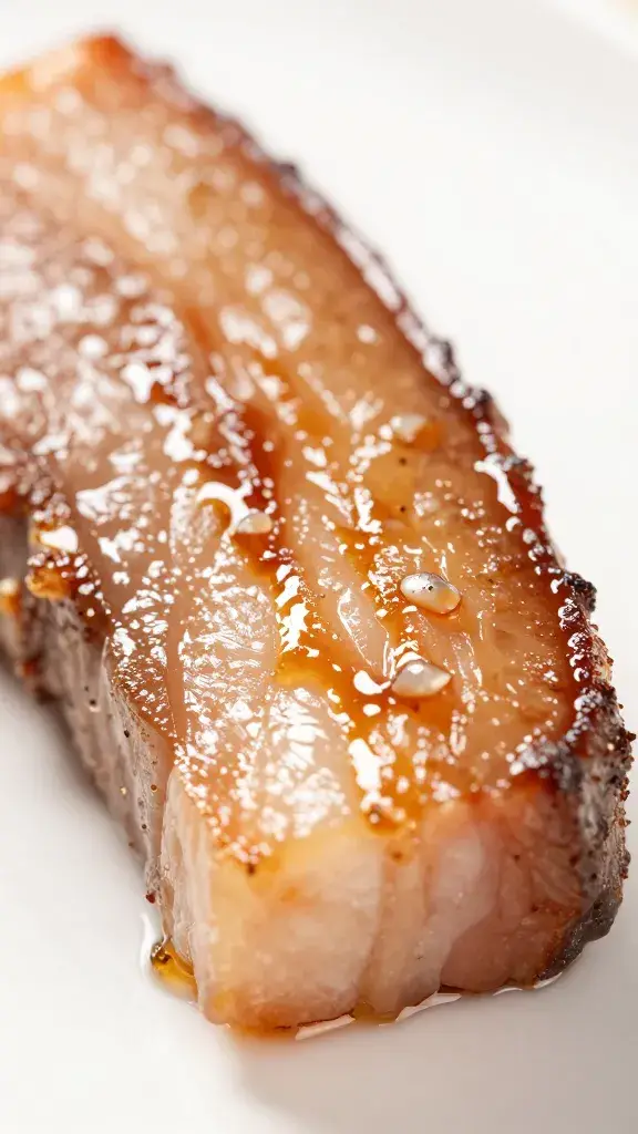 Brisket fat cap shimmering with soy reduction, macro