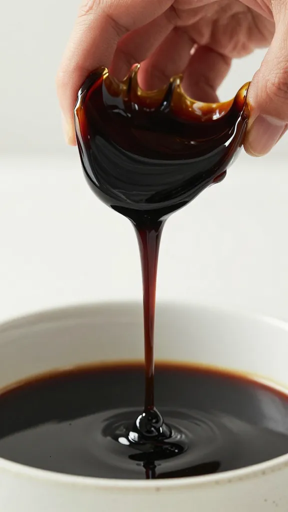 Whisk lifting thick black garlic glaze, drip detail