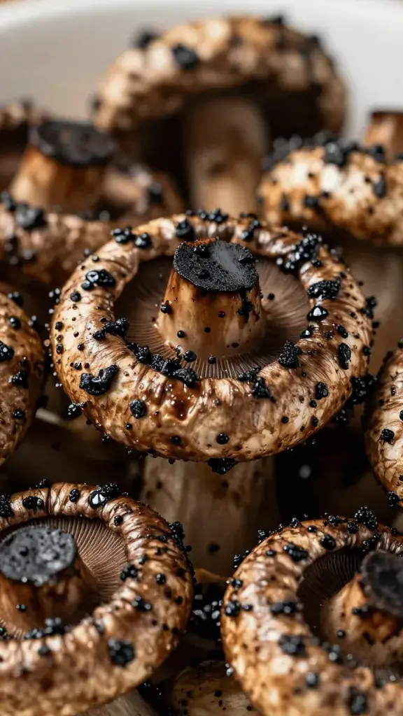 Charred mushroom cap coated in black garlic soy, closeup