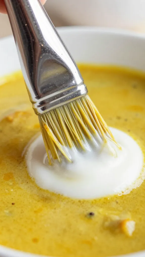 closeup basting brush soaked in coconut curry mop