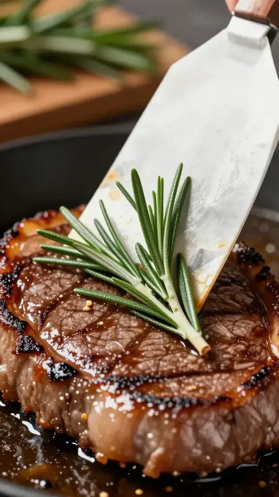 rosemary sprig used as mop over sizzling steak
