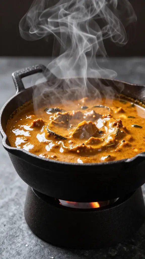 cast-iron ladle filled with curry mop, steam rising