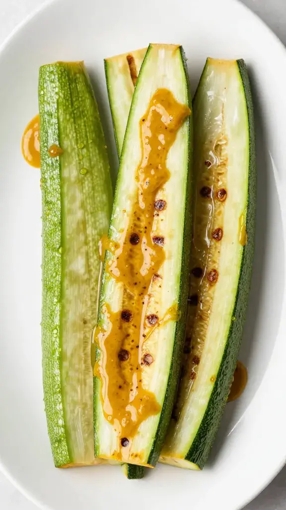 grilled zucchini spear lacquered with curry mop