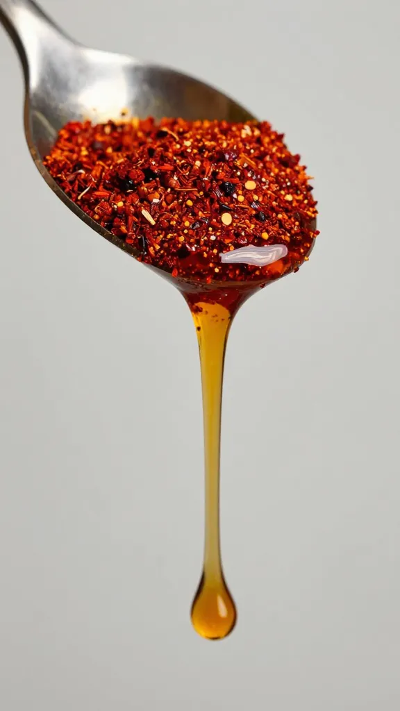 spoon dripping smoked paprika maple syrup, tight macro
