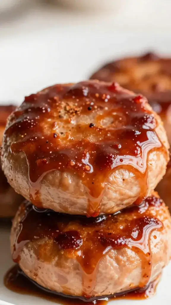 pork sausage patty lacquered with maple-paprika glaze, closeup