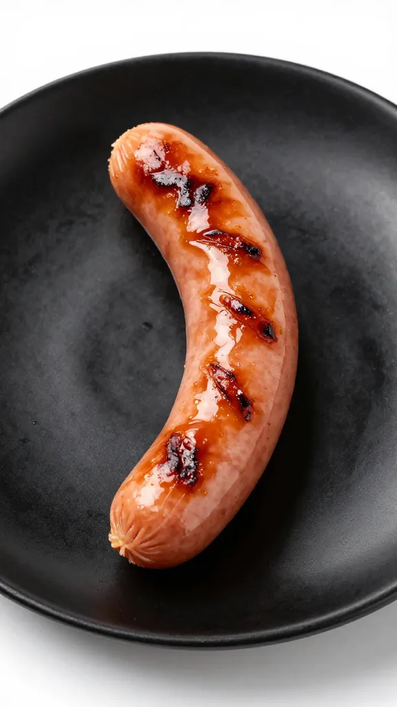 single grilled sausage on matte black plate, sticky glaze