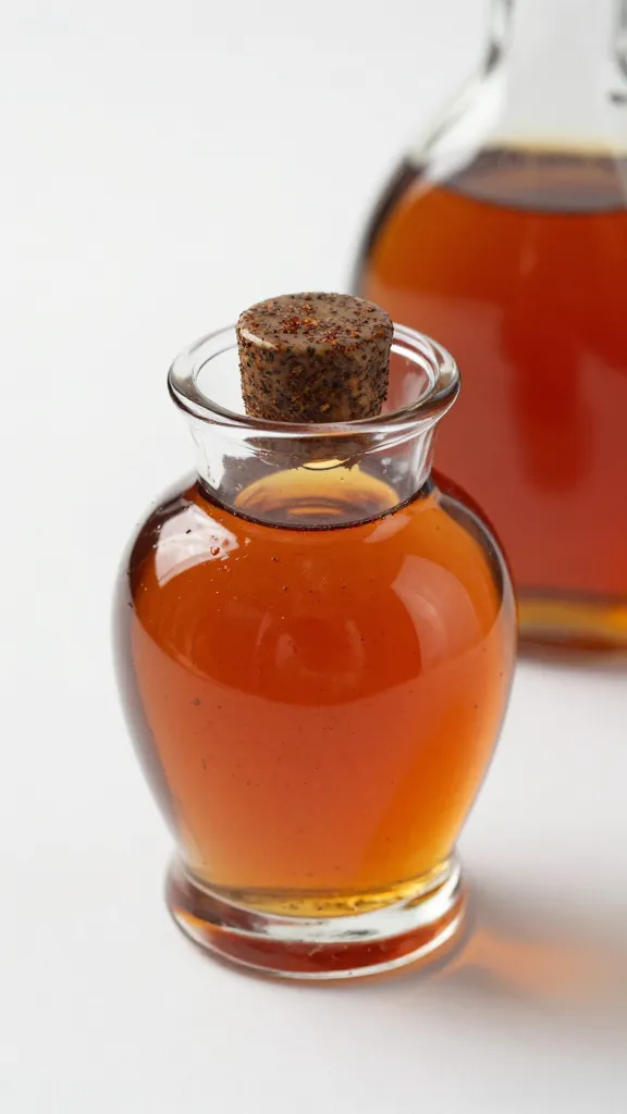 small glass pourer of smoked paprika maple syrup, closeup