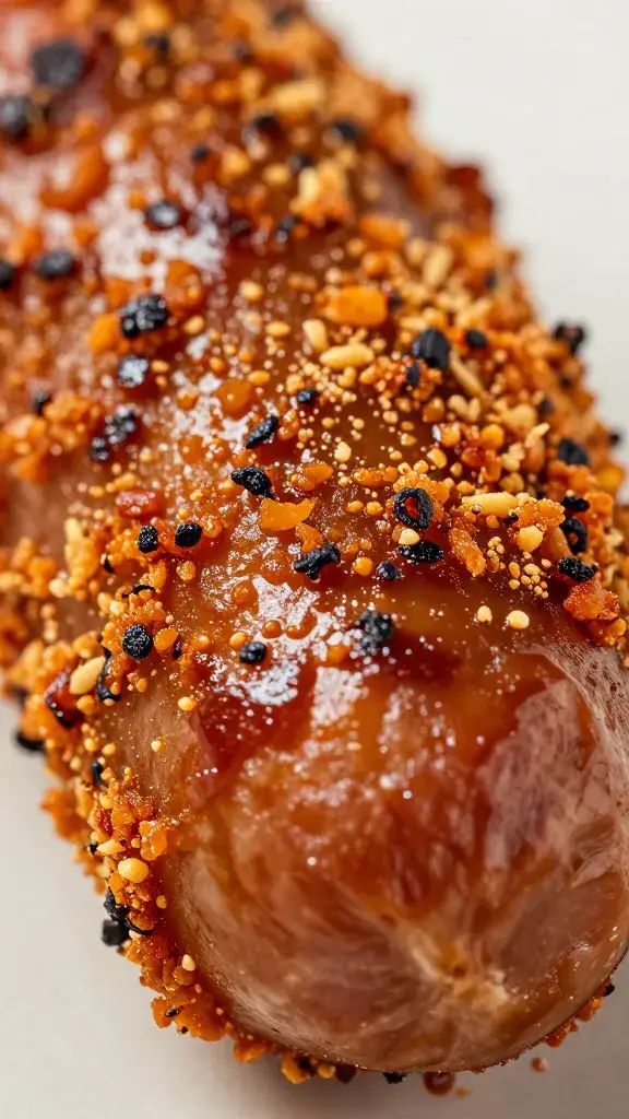 caramelized sausage edge with maple-paprika crust, extreme closeup