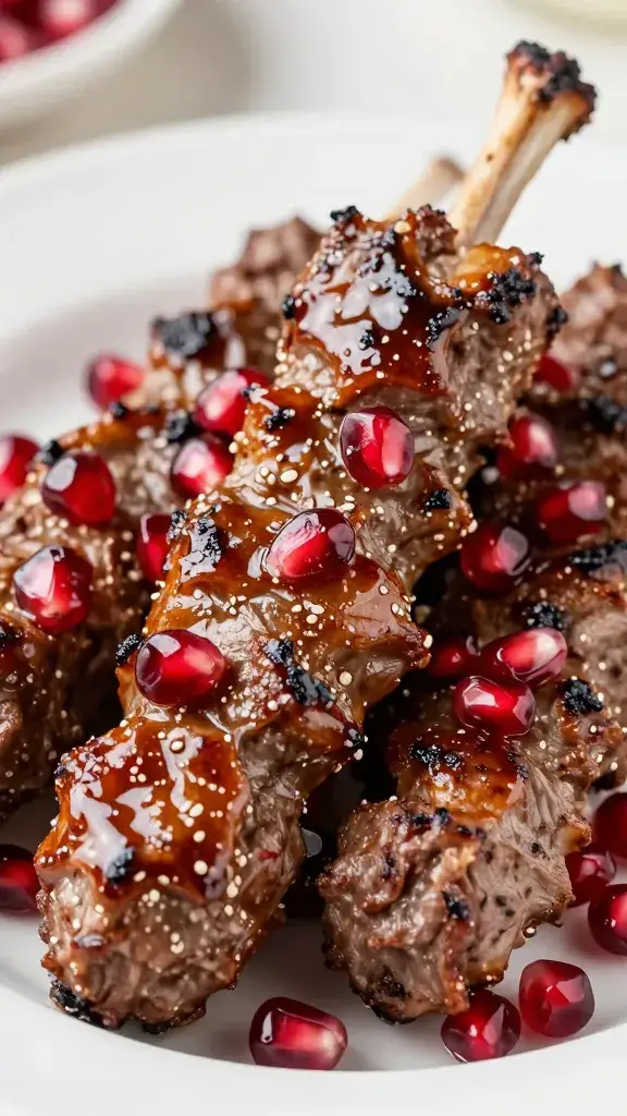 closeup lamb kebab brushed with pomegranate molasses glaze