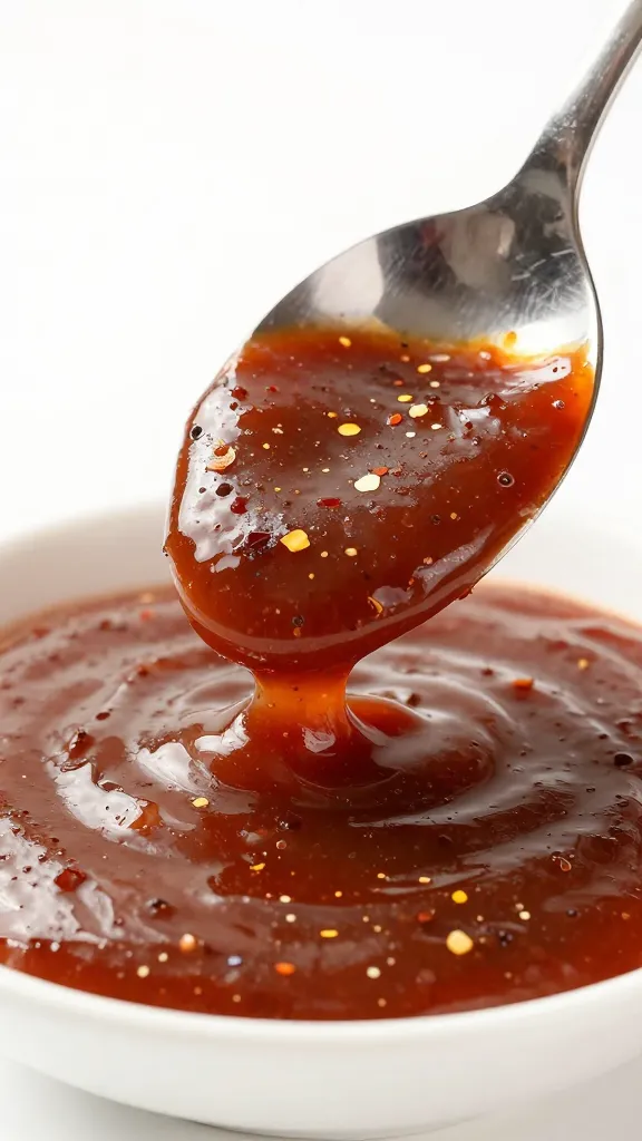 spoonful of Turkish pepper flakes over glossy sauce