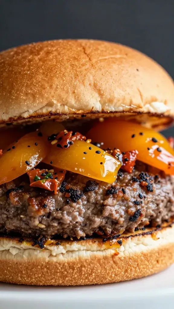 closeup lamb burger with harissa and apricot glaze