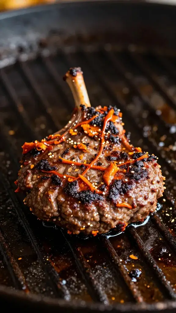 single lamb patty sizzling, harissa brushed on top