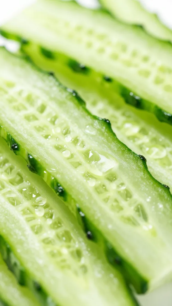 sliced cucumber ribbons, dewy closeup