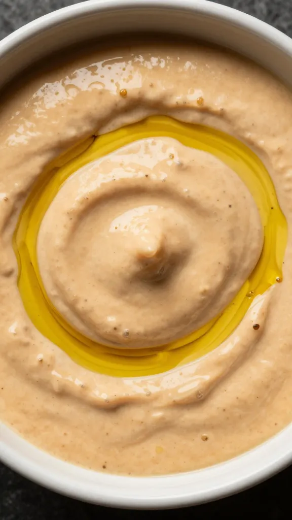 Closeup bowl of smoky romesco sauce with olive oil swirl