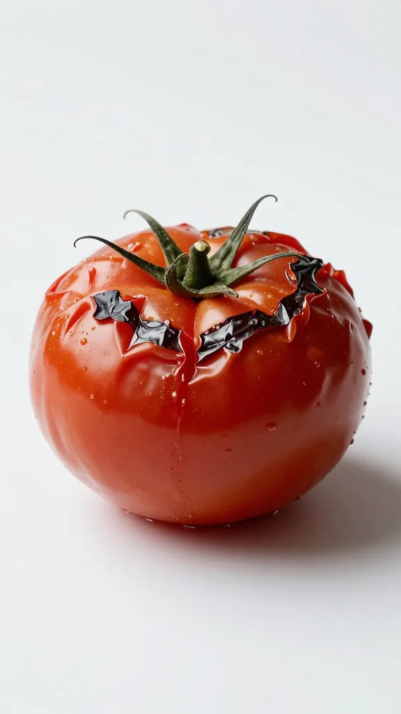 Charred Roma tomato, blistered skin, studio lighting