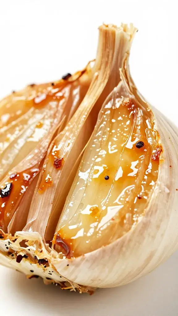 Garlic clove roasted in skin, caramelized closeup