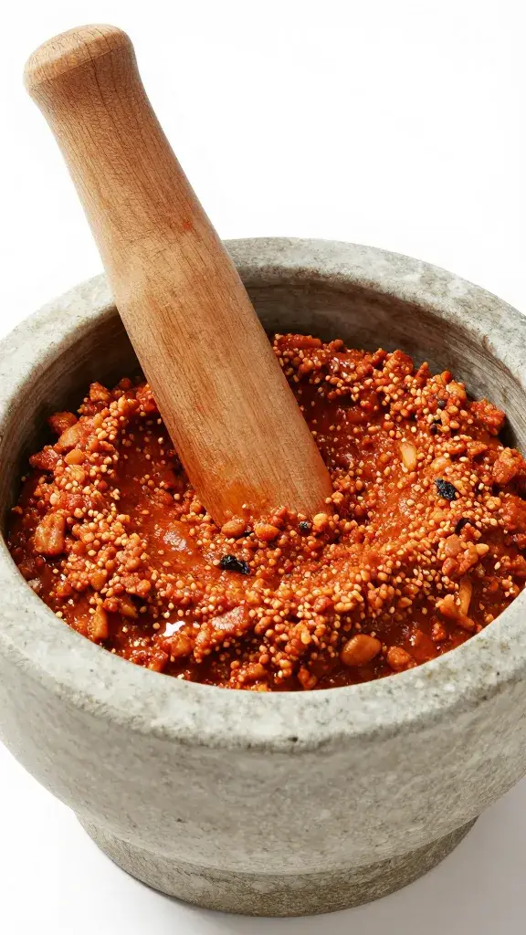 Mortar filled with chunky romesco, pestle embedded