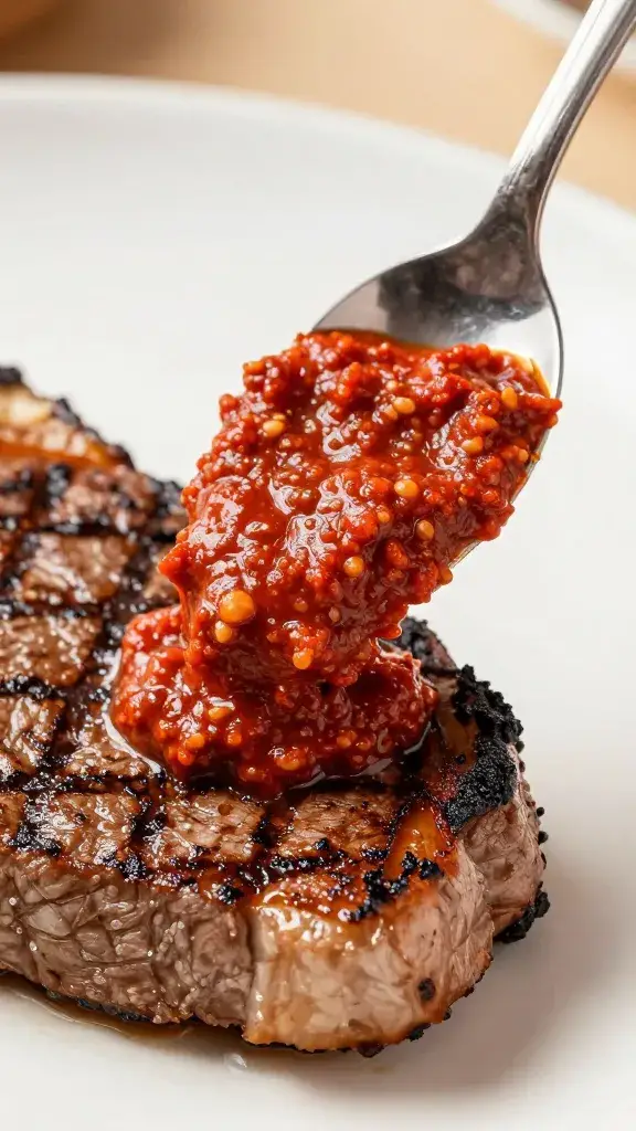 Spoonful of romesco hovering over grilled steak edge
