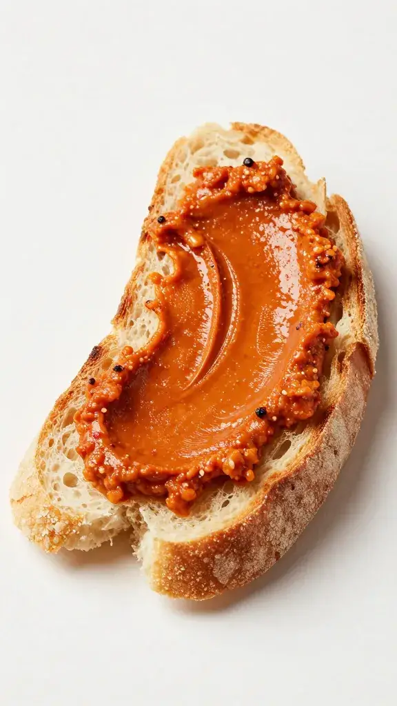 Crusty bread slice smeared with romesco, tight crop