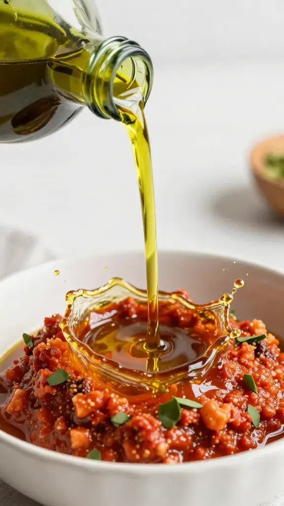Pouring olive oil stream into romesco, splash freeze-frame