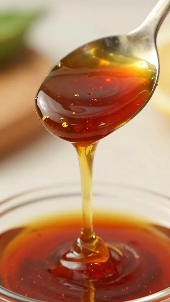 closeup spoon dripping chile ancho honey glaze