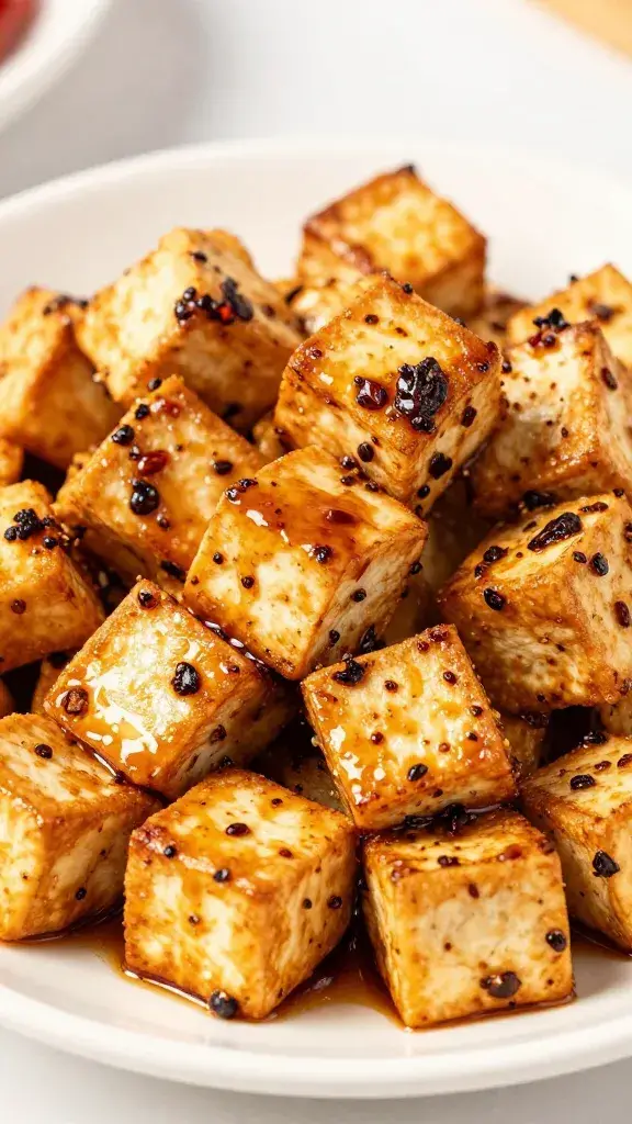 seared tofu cube coated in chile ancho honey
