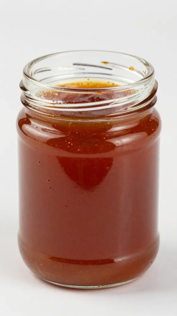 glass jar of chile ancho honey glaze, sticky rim